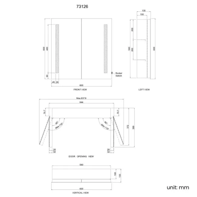 Emielia Battery Powered Illuminated LED Mirror Cabinet 600x600mm