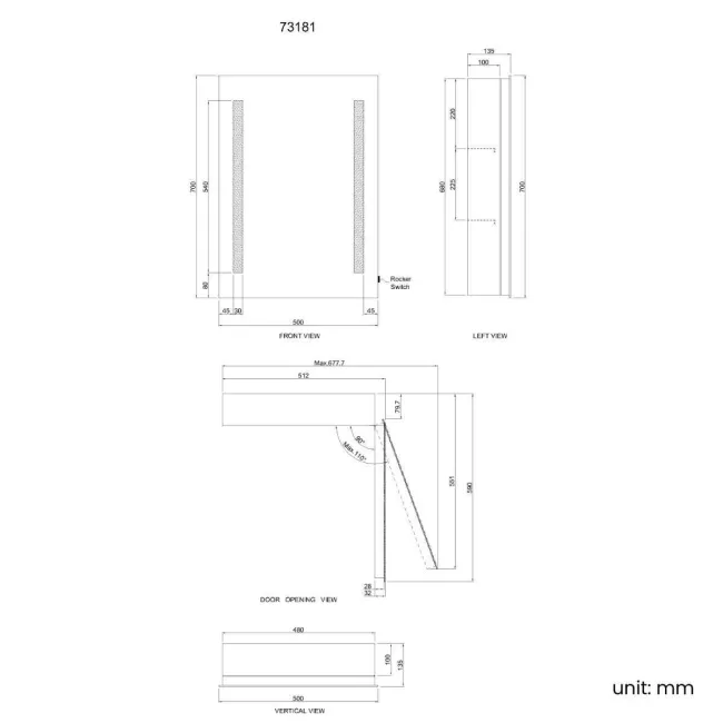Emielia Battery Powered Illuminated LED Mirror Cabinet 700x500mm