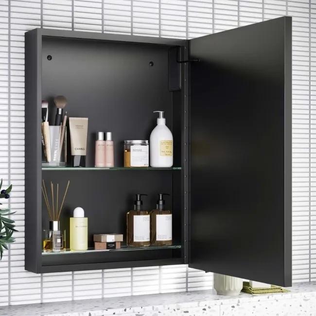Mia Battery Powered Black Framed Illuminated LED Mirror Cabinet 710x500mm