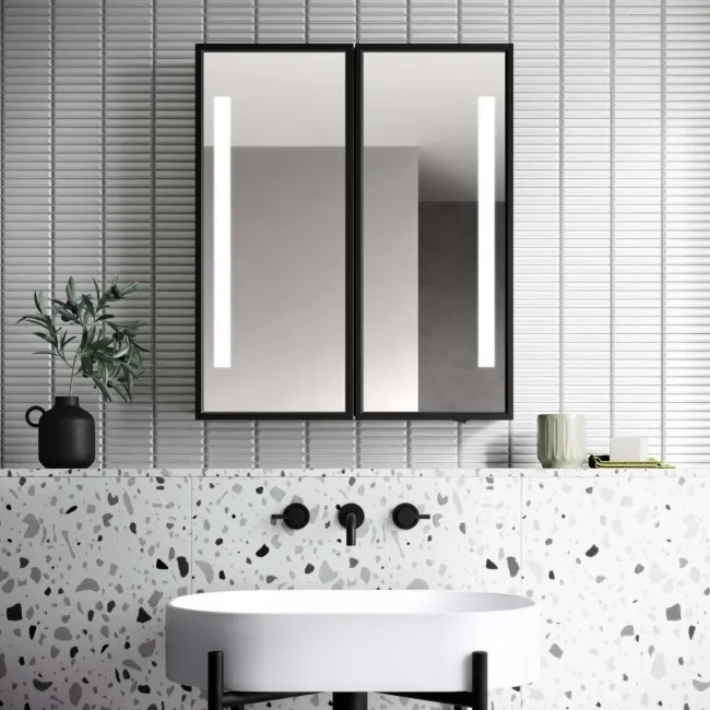 Mia Battery Powered Black Framed Illuminated LED Mirror Cabinet 710x600mm