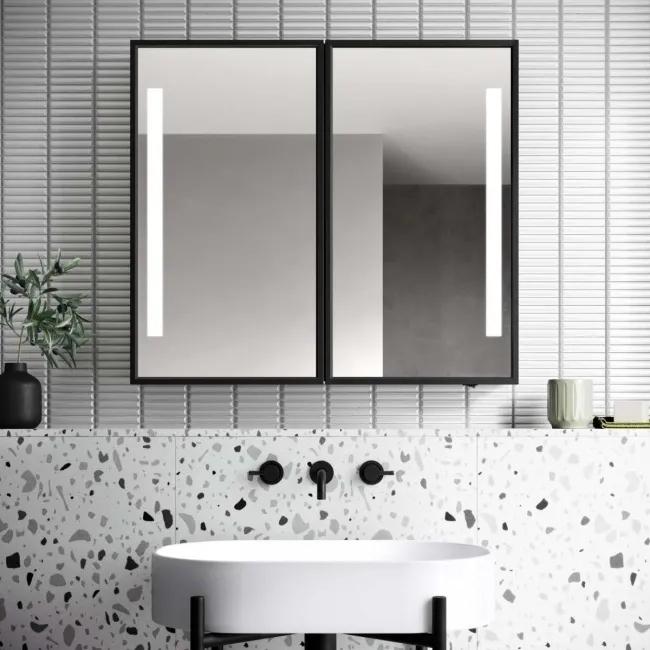 Mia Battery Powered Black Framed Illuminated LED Mirror Cabinet 710x800mm