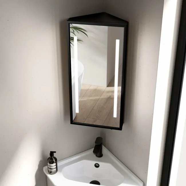 Madelyn Battery Powered Black Framed Illuminated LED Corner Mirror Cabinet 600mm Tall