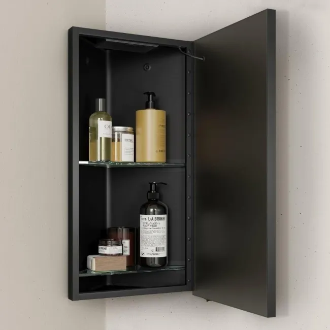 Madelyn Battery Powered Black Framed Illuminated LED Corner Mirror Cabinet 600mm Tall