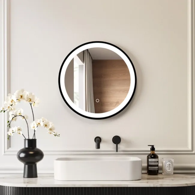 Delilah Black Framed Round Illuminated LED Mirror 500mm