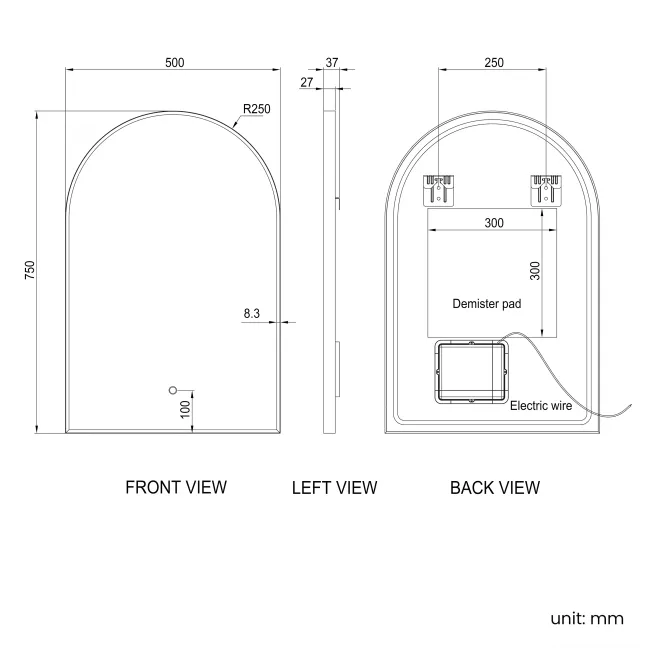 Rory Matt Black Arched Backlit Illuminated LED Mirror 750x500mm