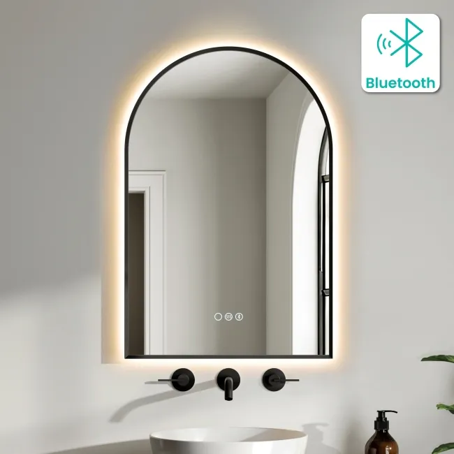 Rory Matt Black Arched Backlit Illuminated LED Mirror With BLUETOOTH Speaker 750x500mm
