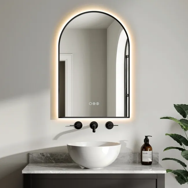 Rory Matt Black Arched Backlit Illuminated LED Mirror With BLUETOOTH Speaker 750x500mm