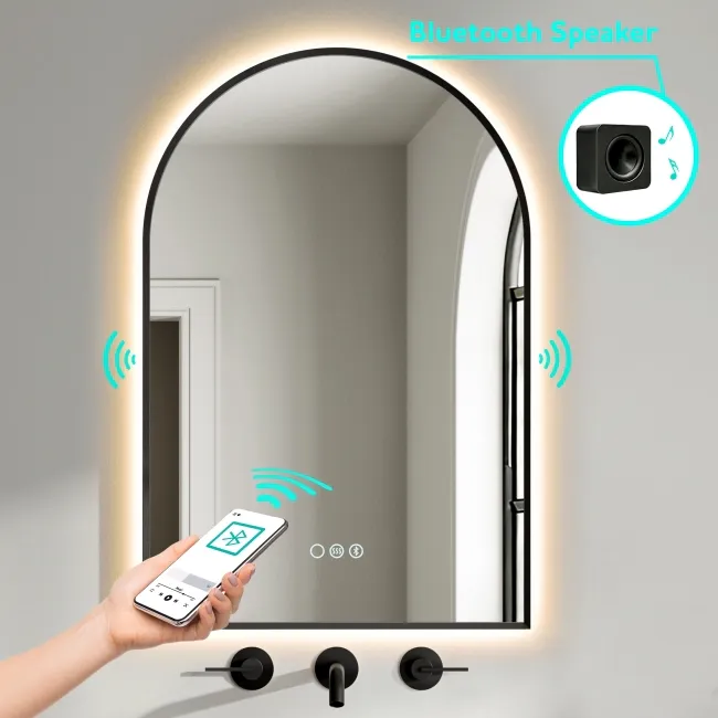 Rory Matt Black Arched Backlit Illuminated LED Mirror With BLUETOOTH Speaker 750x500mm