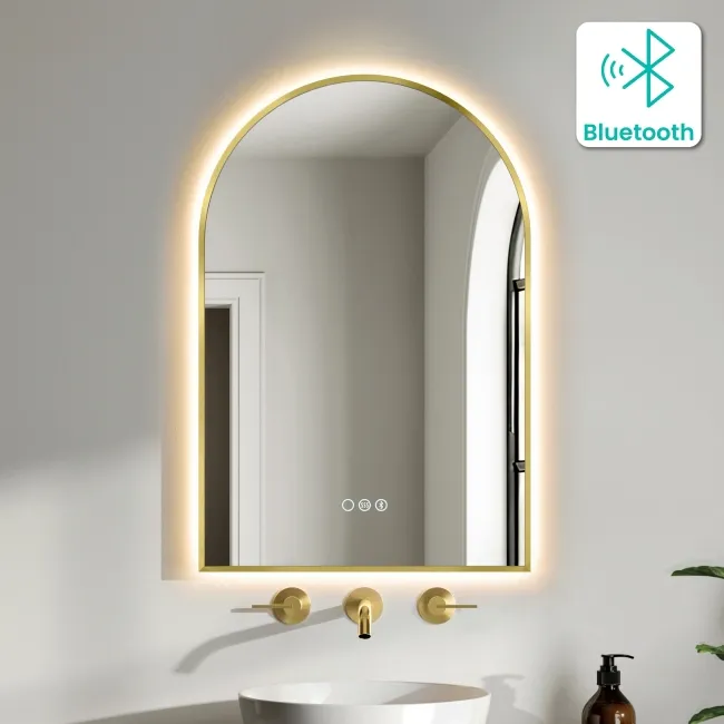 Rory Brushed Brass Arched Backlit Illuminated LED Mirror With BLUETOOTH Speaker 750x500mm