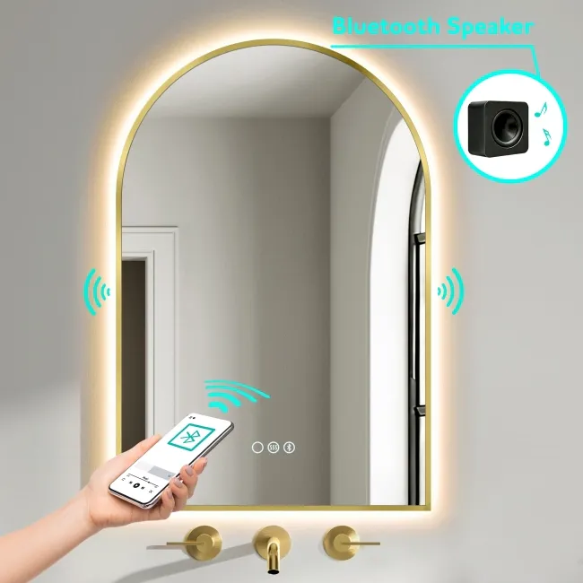 Rory Brushed Brass Arched Backlit Illuminated LED Mirror With BLUETOOTH Speaker 750x500mm