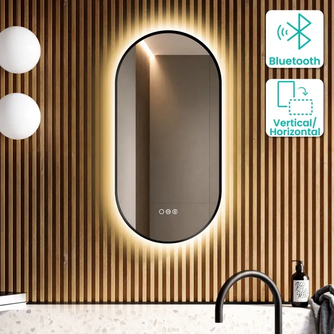Adele Pill Matt Black Backlit Illuminated LED Mirror With BLUETOOTH Speaker 800x400mm