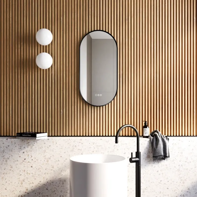 Adele Pill Matt Black Backlit Illuminated LED Mirror With BLUETOOTH Speaker 800x400mm