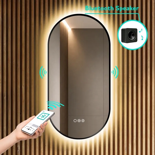 Adele Pill Matt Black Backlit Illuminated LED Mirror With BLUETOOTH Speaker 800x400mm