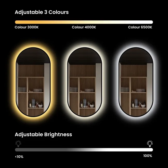 Adele Pill Matt Black Backlit Illuminated LED Mirror With BLUETOOTH Speaker 800x400mm