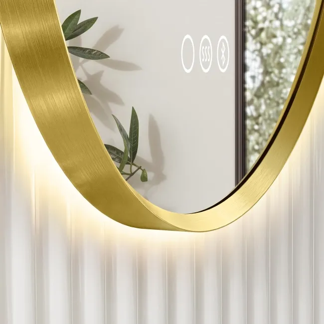 Adele Pill Brushed Brass Backlit Illuminated LED Mirror With BLUETOOTH Speaker 800x400mm