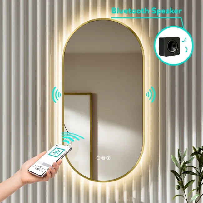 Adele Pill Brushed Brass Backlit Illuminated LED Mirror With BLUETOOTH Speaker 800x400mm