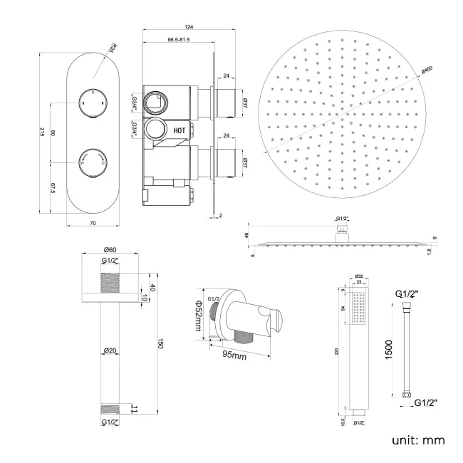 Ballina Premium Ceiling Matt Black Round Thermostatic Shower Set - 400mm Head & Hand Shower