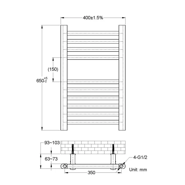 Naples Electric Premium Matt Black Straight Heated Towel Rail 650x400mm