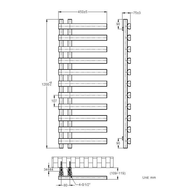 Palermo Electric Anthracite Designer Heated Towel Rail 1200x450mm