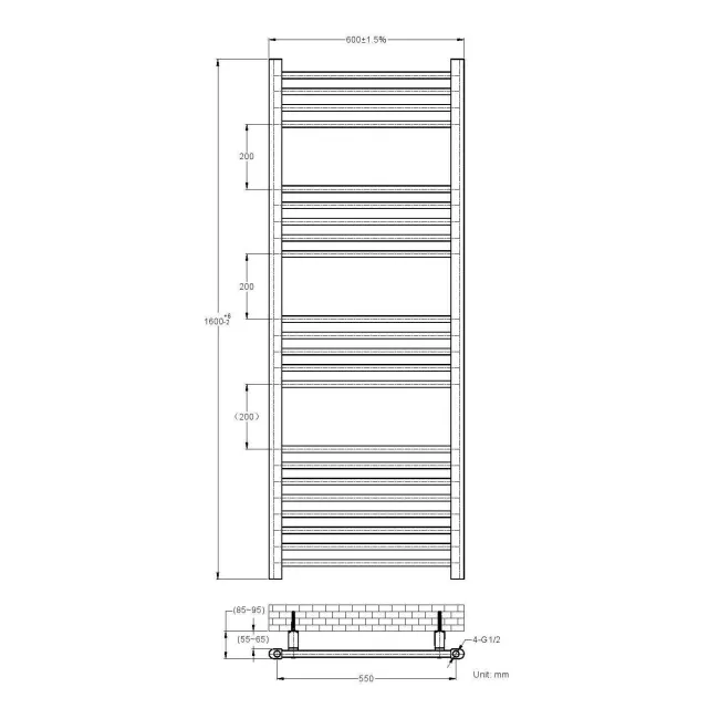 Barcelona Electric Matt Black Straight Heated Towel Rail 1600x600mm