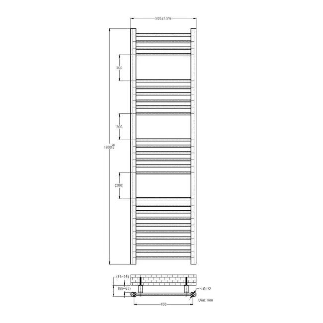 Barcelona Electric Matt Black Straight Heated Towel Rail 1800x500mm
