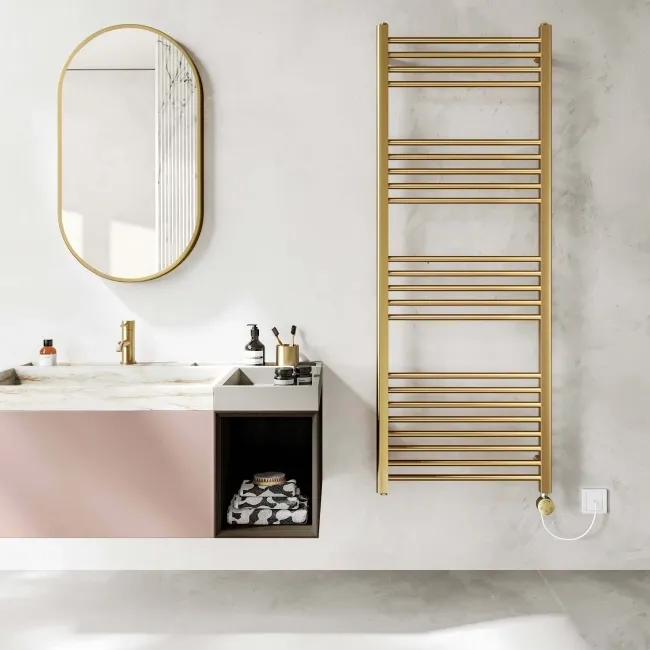 Barcelona Electric Brushed Brass Straight Heated Towel Rail 1600x600mm