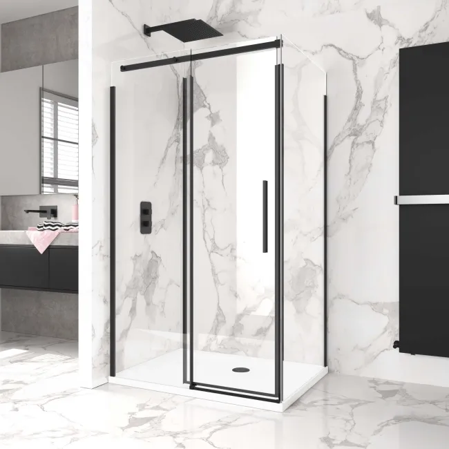 Stockholm Matt Black Easy Clean 8mm Frameless Sliding Shower Enclosure 1000x800mm