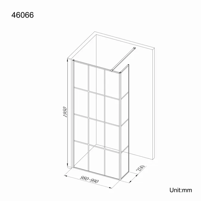 Munich Matt Black Grid 8mm Wet Room Shower Glass 1000mm & 250mm Return Panel