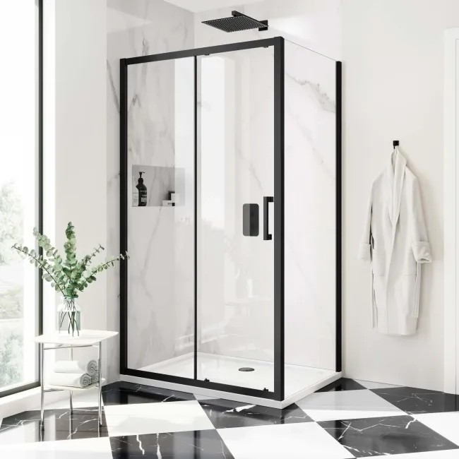 Hamburg Matt Black Easy Clean 8mm Sliding Shower Enclosure 1100x800mm - Easy Fix
