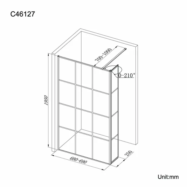 Munich Matt Black Grid 8mm Wet Room Shower Glass 700mm & 250mm Pivotal Return Panel