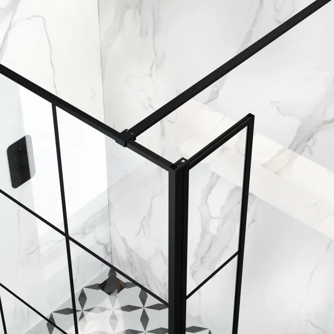Munich Matt Black Grid 8mm Wet Room Shower Glass 1200mm & 250mm Pivotal Return Panel
