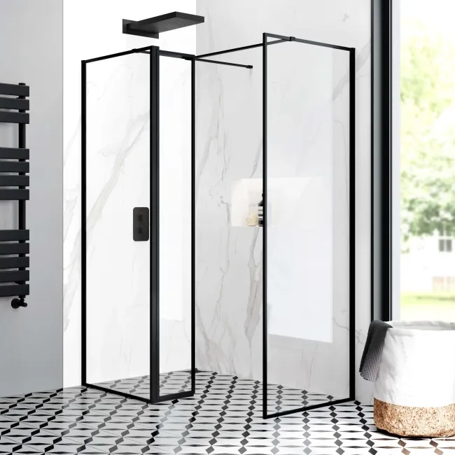 Munich Matt Black Framed 8mm Walk In Shower Enclosure 700mm & 700mm Glass with Pivotal Return Panel