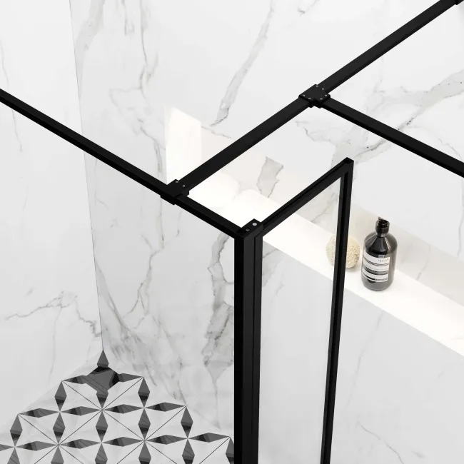 Munich Matt Black Framed 8mm Walk In Shower Enclosure 900mm & 800mm Glass with Pivotal Return Panel