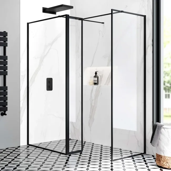 Munich Matt Black Framed 8mm Walk In Shower Enclosure 1100mm & 800mm Glass with Pivotal Return Panel