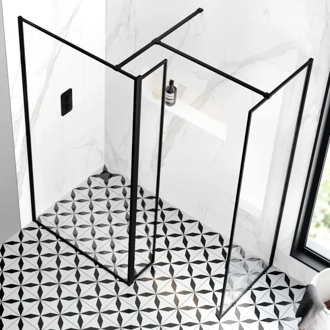 Munich Matt Black Framed 8mm Walk In Shower Enclosure 1100mm & 800mm Glass with Pivotal Return Panel