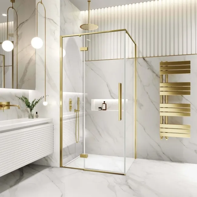 Helsinki Brushed Brass Premium Easy Clean 8mm Hinged Shower Enclosure 1100x900mm
