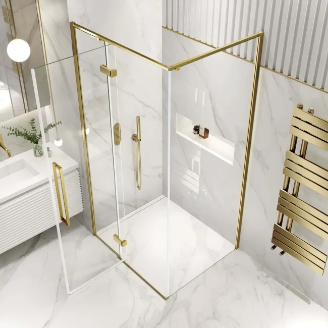 Helsinki Brushed Brass Premium Easy Clean 8mm Hinged Shower Enclosure 1100x900mm