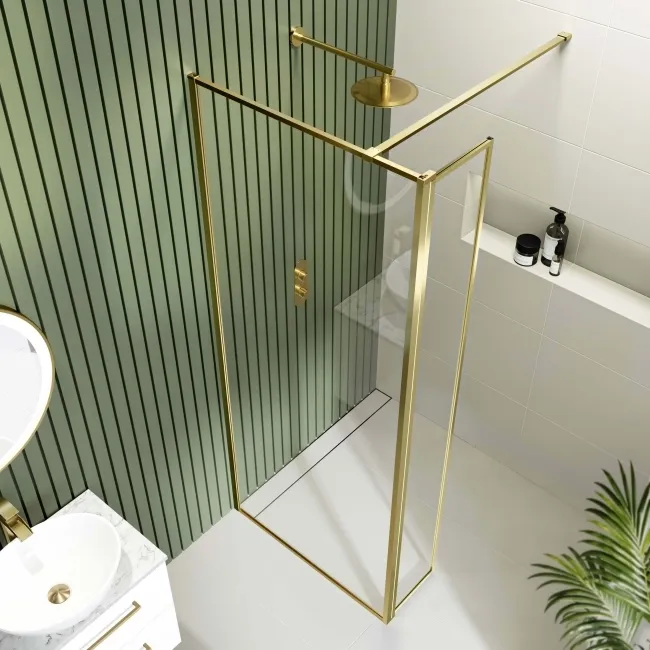 Munich Brushed Brass Framed 8mm Wet Room Shower Glass 700mm & 250mm Pivotal Return Panel