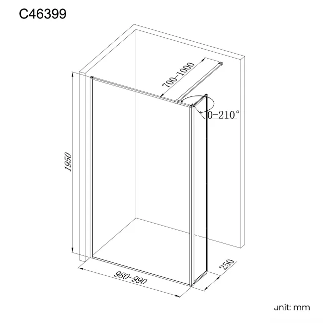 Munich Brushed Brass Framed 8mm Wet Room Shower Glass 1000mm & 250mm Pivotal Return Panel