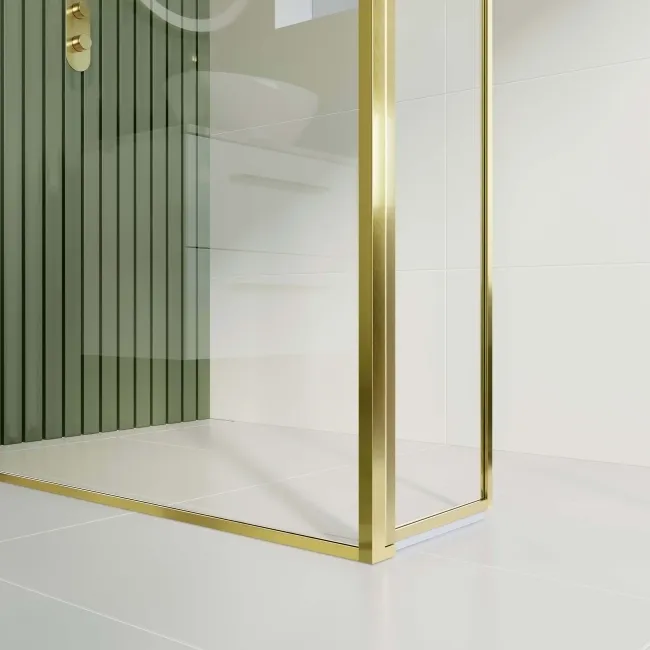 Munich Brushed Brass Framed 8mm Wet Room Shower Glass 1200mm & 250mm Pivotal Return Panel