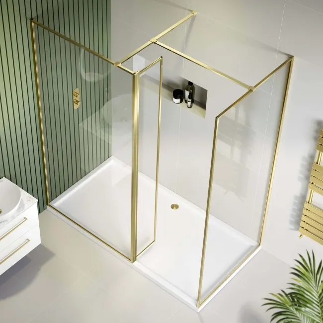 Munich Brushed Brass Framed 8mm Walk In Shower Enclosure 1000mm & 900mm Glass with Return Panel