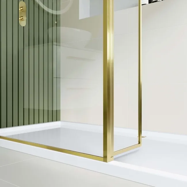Munich Brushed Brass Framed 8mm Walk In Shower Enclosure 1200mm & 900mm Glass with Return Panel
