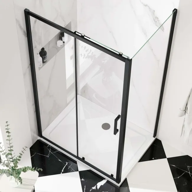 Hamburg Matt Black Easy Clean 8mm Sliding Shower Enclosure 1100x760mm - Easy Fix