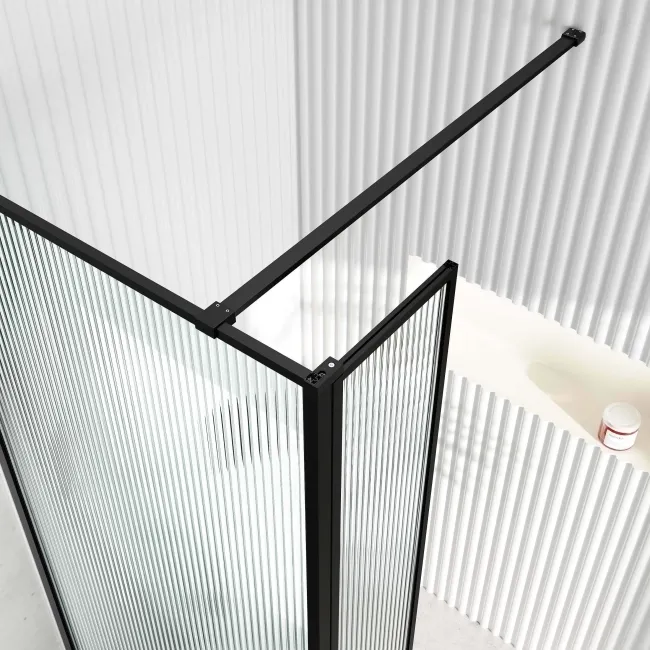 Munich Fluted Effect Matt Black Framed 8mm Wet Room Shower Glass 900mm & 250mm Pivotal Return Panel