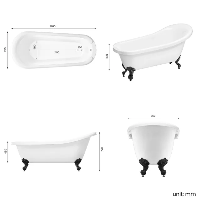 Highbury 1700mm Roll Top Slipper Bath - Black Ball Feet