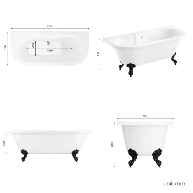 Harrow 1700mm Back To Wall Roll Top Bath - Black Ball Feet