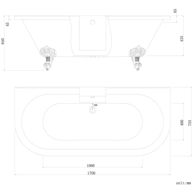 Harrow 1700mm Back To Wall Roll Top Bath - Black Ball Feet
