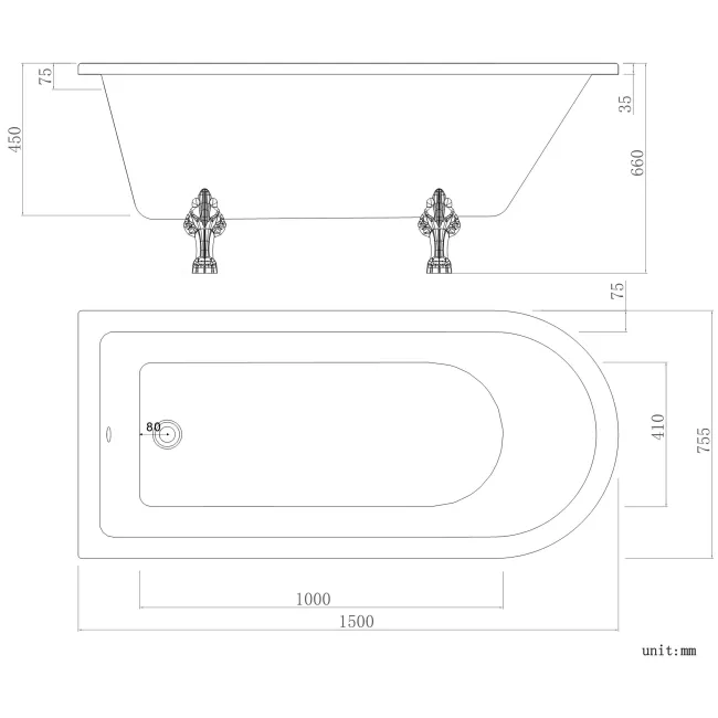 Abingdon 1500mm Single Ended Roll Top Bath - White Feet