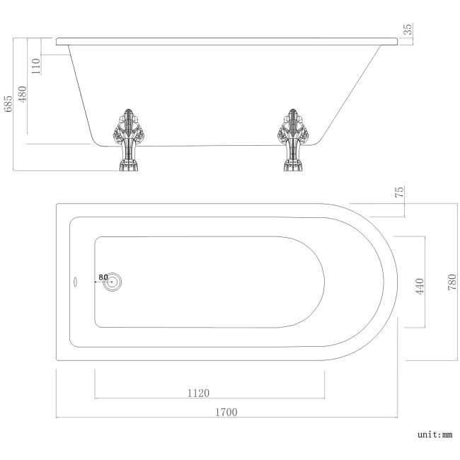 Abingdon 1700mm Single Ended Roll Top Bath - White Feet