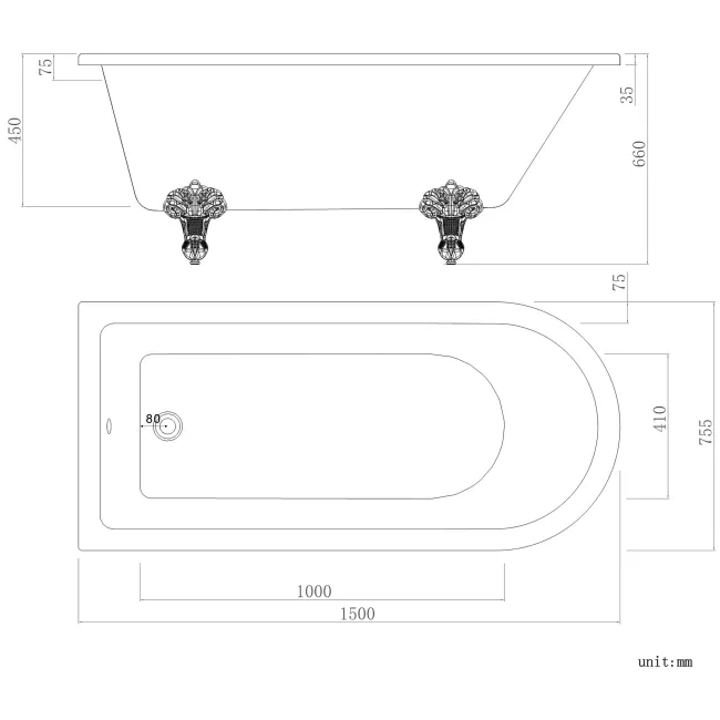 Abingdon 1500 Roll Top Shower Bath - White Ball Feet & 6mm Easy Clean Screen